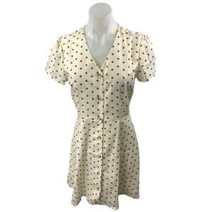 NEW Rihoas Cream Red Short Sleeve V Neck Polka Dots Mini Fit & Flare Dress XS